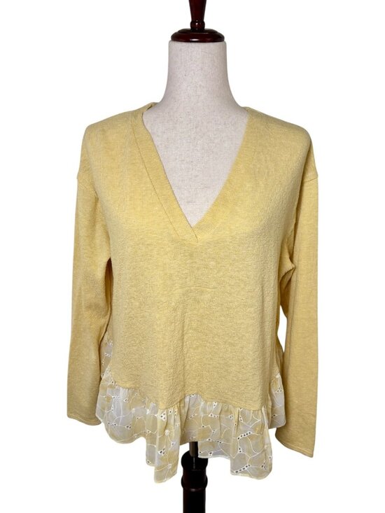 Ro&De Sweaters - Ro&De Yellow V-Neck Terry Knit Sweater Top Eyelet Ruffle Hem NWT Medium
